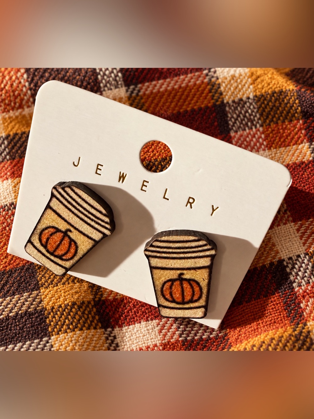 Wooden Pumpkin Spice Coffee Cup Stud Earrings